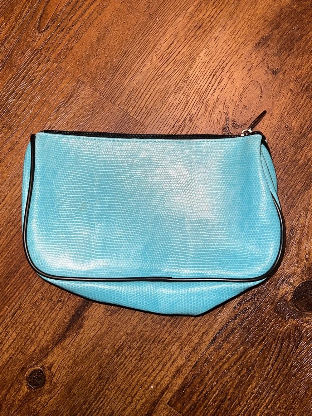 Lancome Turquoise Faux Snake Skin Makeup Cosmetic Bag Pouch Black Trim Y2K